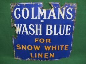 Enamel advertising sign for Colman's Wash Blue For Snow White Linen, white and orange letters on a