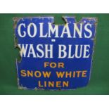 Enamel advertising sign for Colman's Wash Blue For Snow White Linen, white and orange letters on a