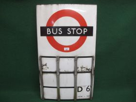 Double sided enamel London Transport Bus Stop sign with nine route number squares, embossed