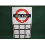 Double sided enamel London Transport Bus Stop sign with nine route number squares, embossed