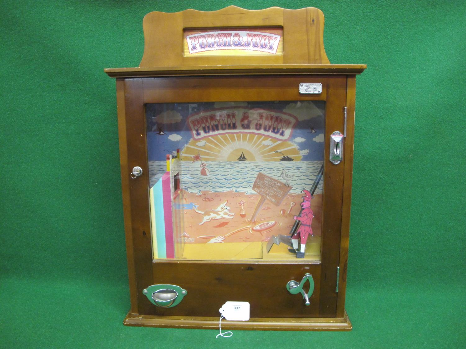 1980's Nostalgic Machines possibly by Alwins 2p Punch & Judy wooden cased slot machine with key -