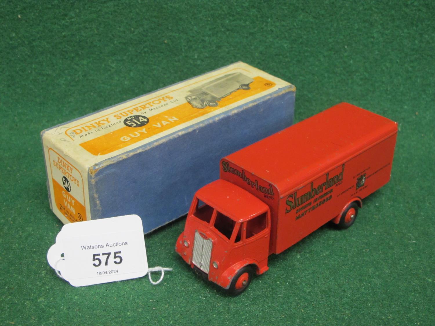 1950-1952 boxed Dinky 514 Guy 1st Type Cab in red Slumberland livery complete with both rear doors