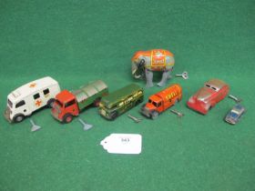 Seven tinplate toys to comprise: Triang Minic ambulance and refuse wagon, Brimtoy Greenline bus