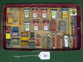 Tray of loose diecast petrol pumps, oil cabinets and a BP sign Please note descriptions are not