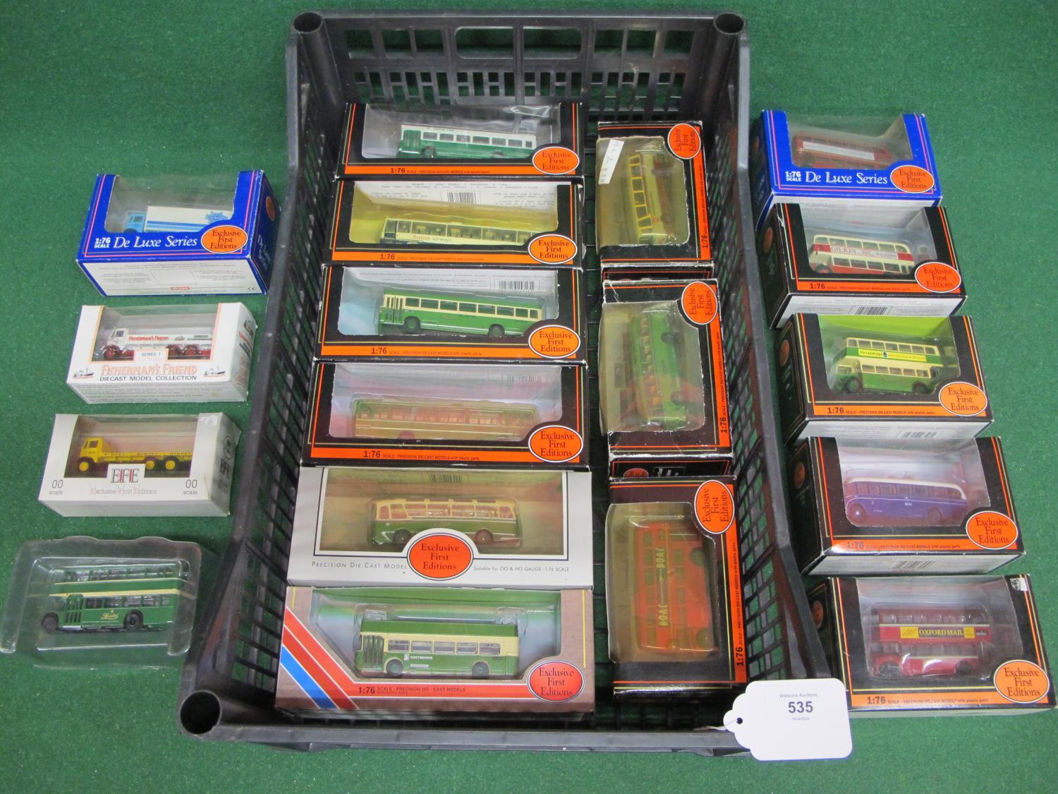 Fifteen EFE 1:76 scale single and double deck buses, coaches and an open top, six of which are in