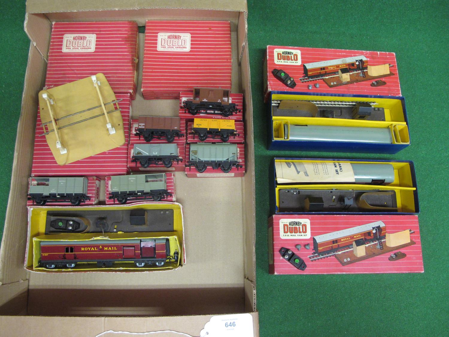 Box of boxed Hornby Dublo 2 Rail items to include: three level crossings, three TPO Mail Van sets, - Image 2 of 2