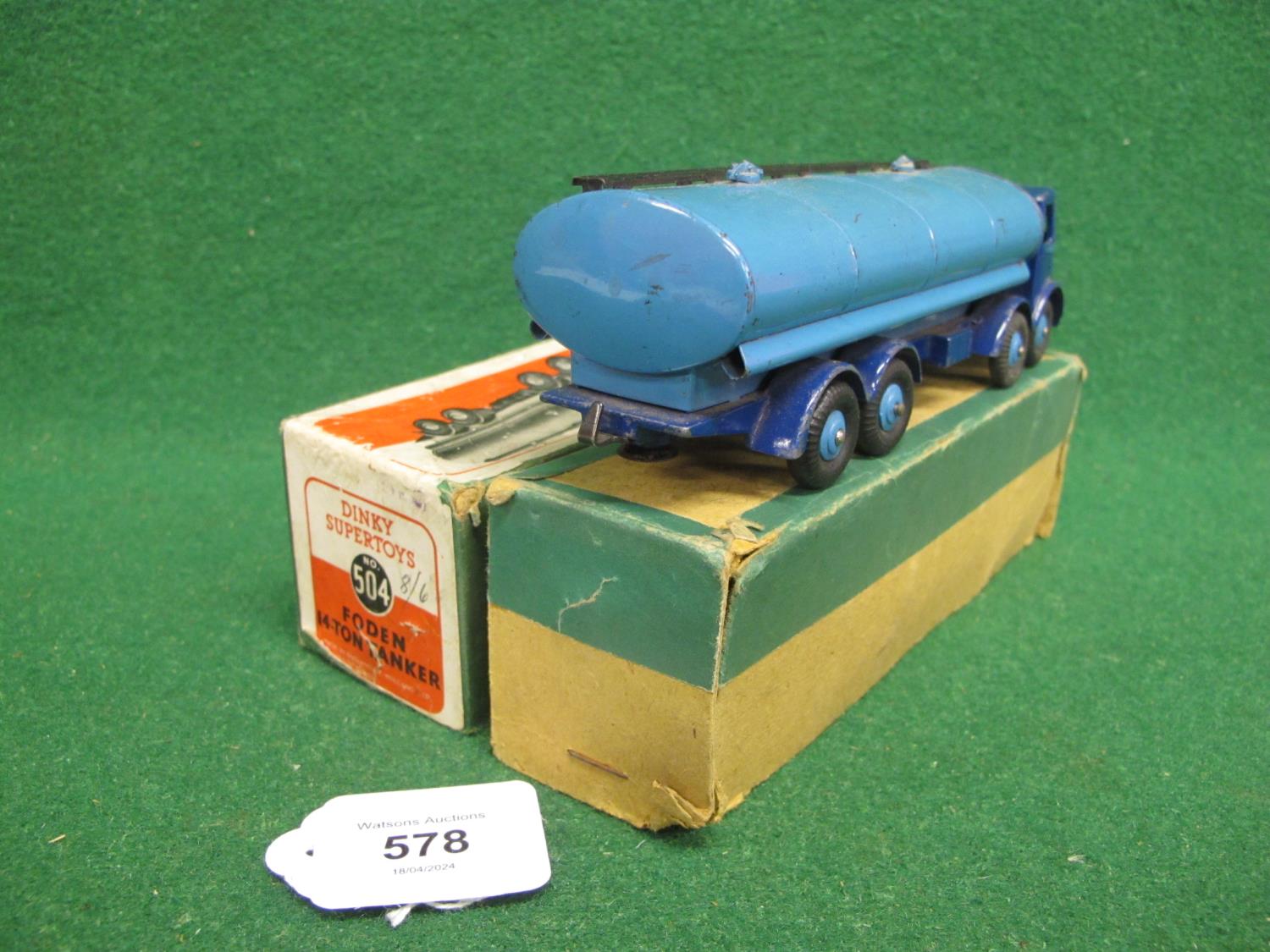 1948-1952 boxed Dinky 504 Foden eight wheel tanker with 1st Type Cab in two tone blue with blue - Image 3 of 4