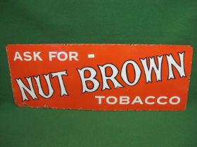 Horizontal enamel advertising sign for Ask For Nut Brown Tobacco, black edged white letters on an