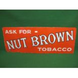 Horizontal enamel advertising sign for Ask For Nut Brown Tobacco, black edged white letters on an