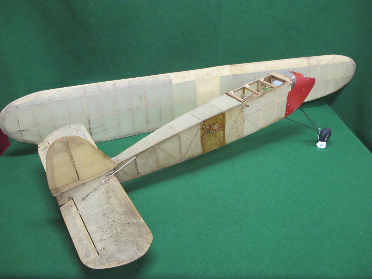 Large old wood and dope-skin radio controlled monoplane Miss America with a 7' wingspan (needs