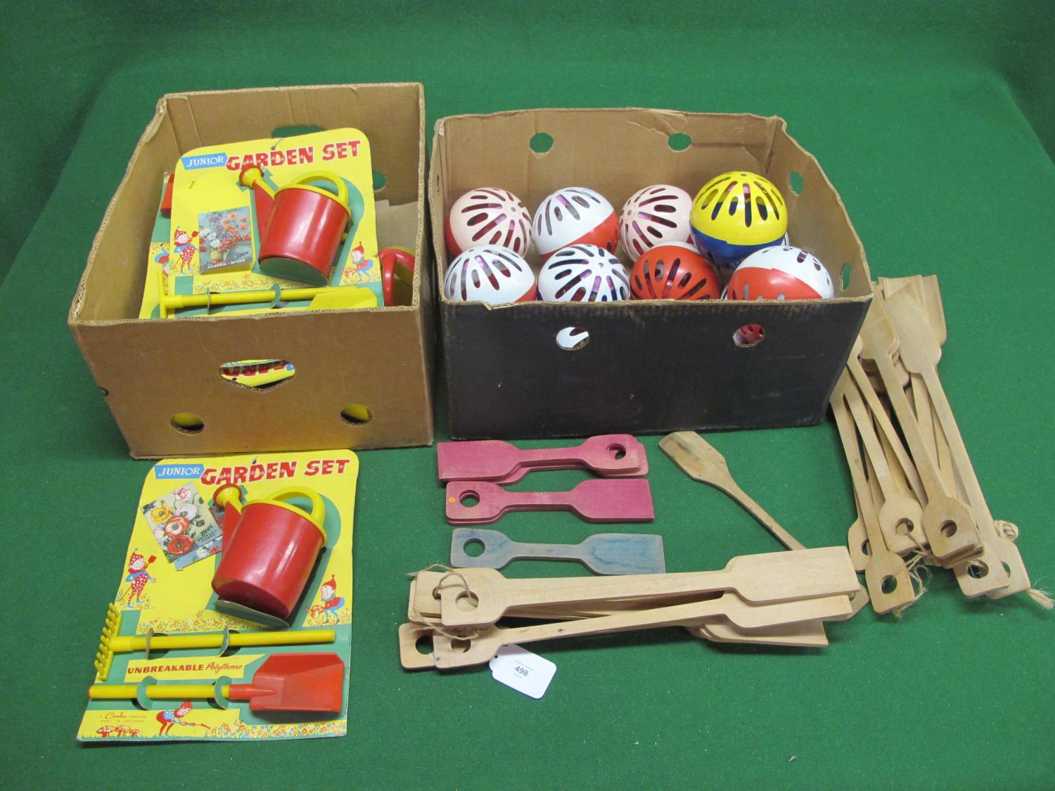 Seven card mounted plastic Junior Garden Sets made by Combex (England), thirteen Bell-Balls from