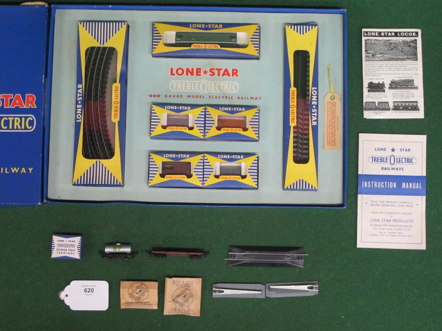 1960-1965 Lone Star Treble-O-Lectric boxed EL.50 Goods set containing: D5000 diesel, Box van, open - Image 3 of 4