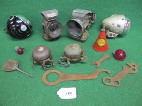 Box of cycle items to include: two Miller headlights, vintage paraffin lamps from Brien and Lucas,