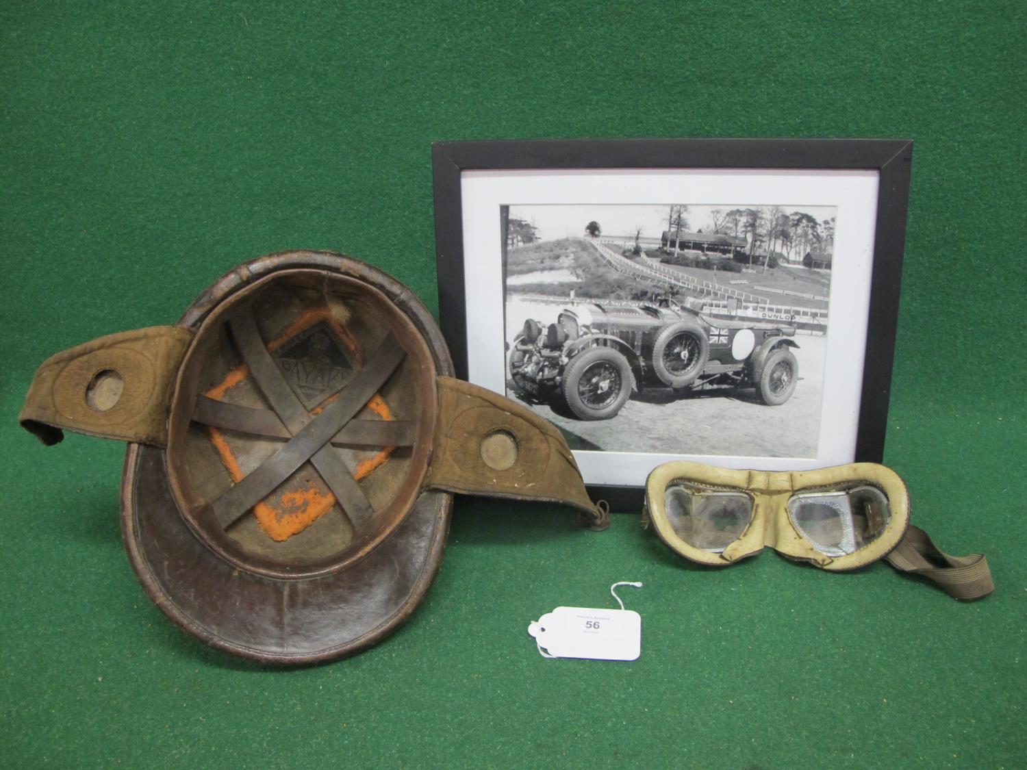 Vintage Bayard leather crash helmet, adjustable goggles and a framed black & white print of Birkin's - Image 2 of 3