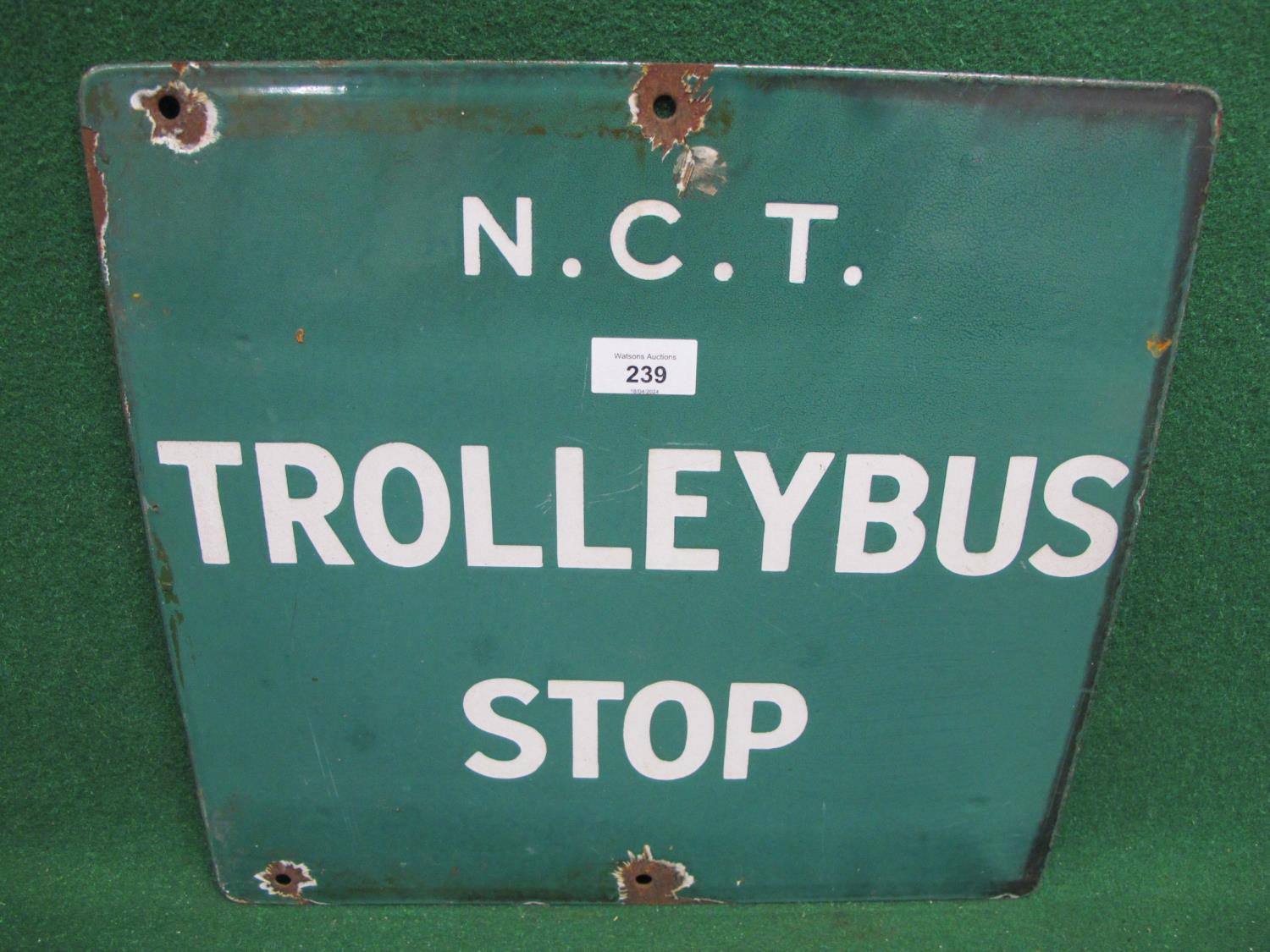 Double sided enamel Nottingham City Transport Trolleybus Stop sign, white letters on a mid green