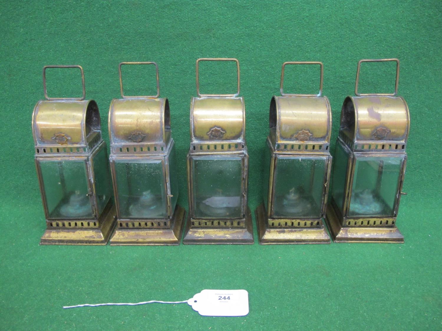 Five square brass lanterns with bevelled glass, paraffin burners and top handles, stamped GWR on - Image 2 of 3