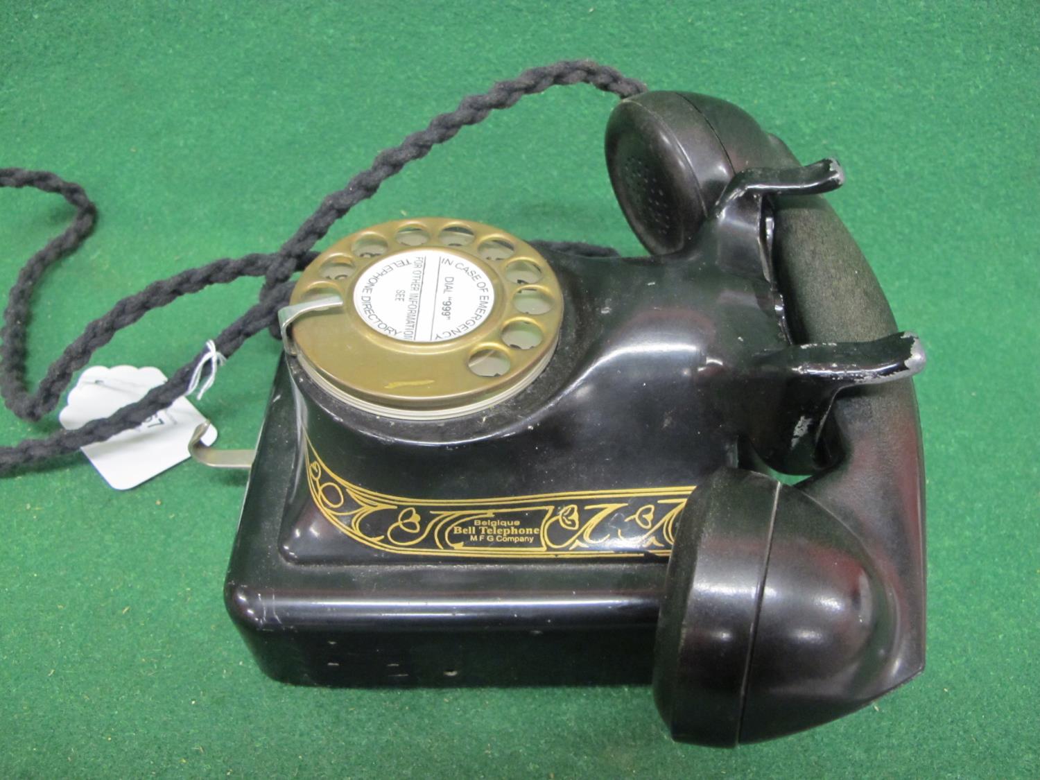 Wall mounted vintage Bell telephone marked for MFG Company Belgique, finished in black with gold - Image 2 of 3