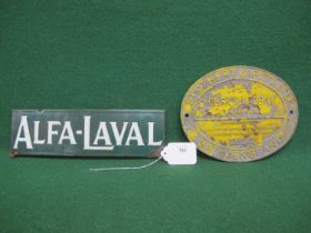 Enamel sign for Alfa-Laval, white letters on a dark green ground - 13.5" x 4" together with an