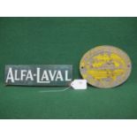 Enamel sign for Alfa-Laval, white letters on a dark green ground - 13.5" x 4" together with an