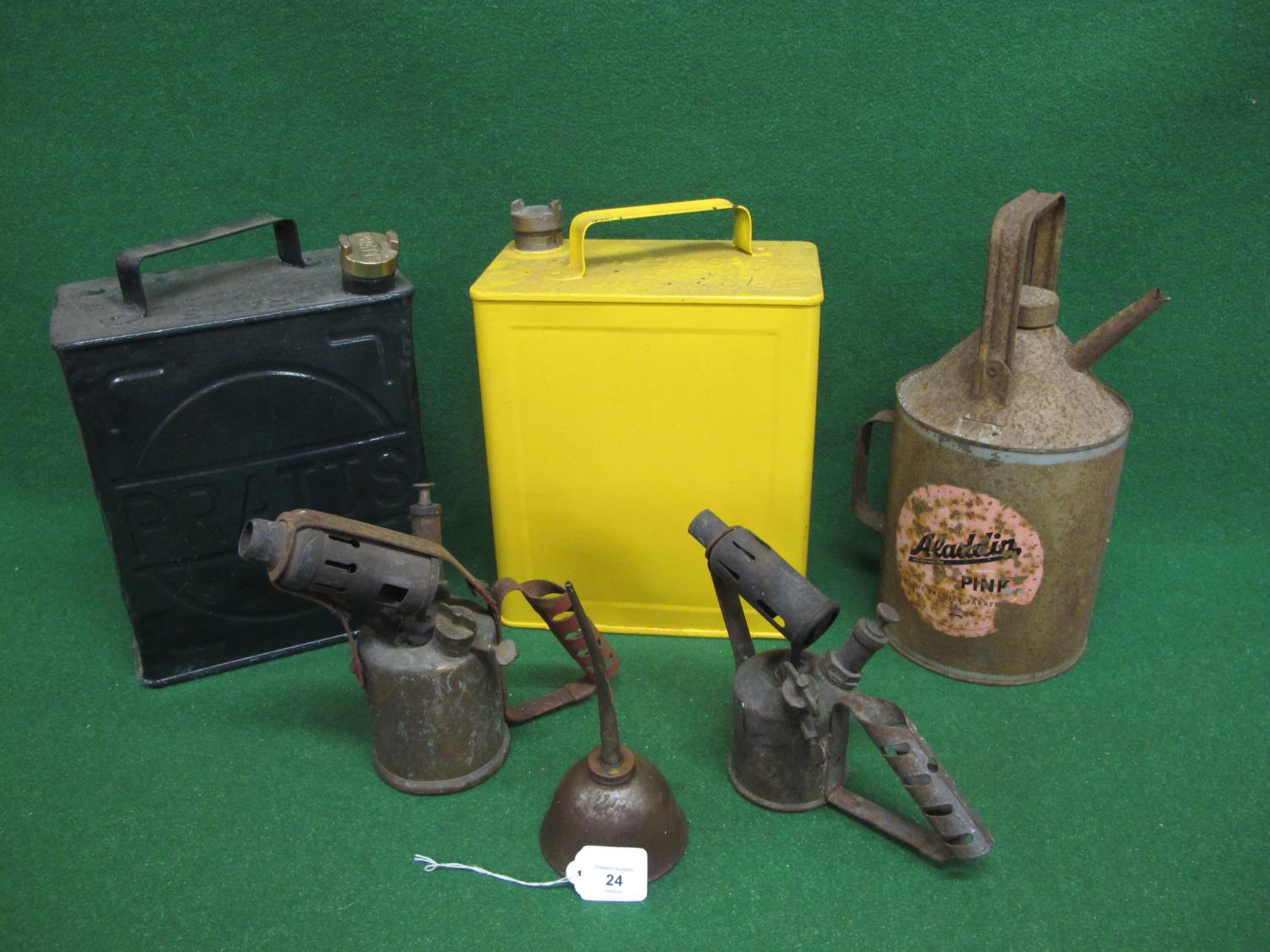 Pratts and plain two gallon fuel cans with caps (restored), two Monitor blow lamps, Aladdin Pink