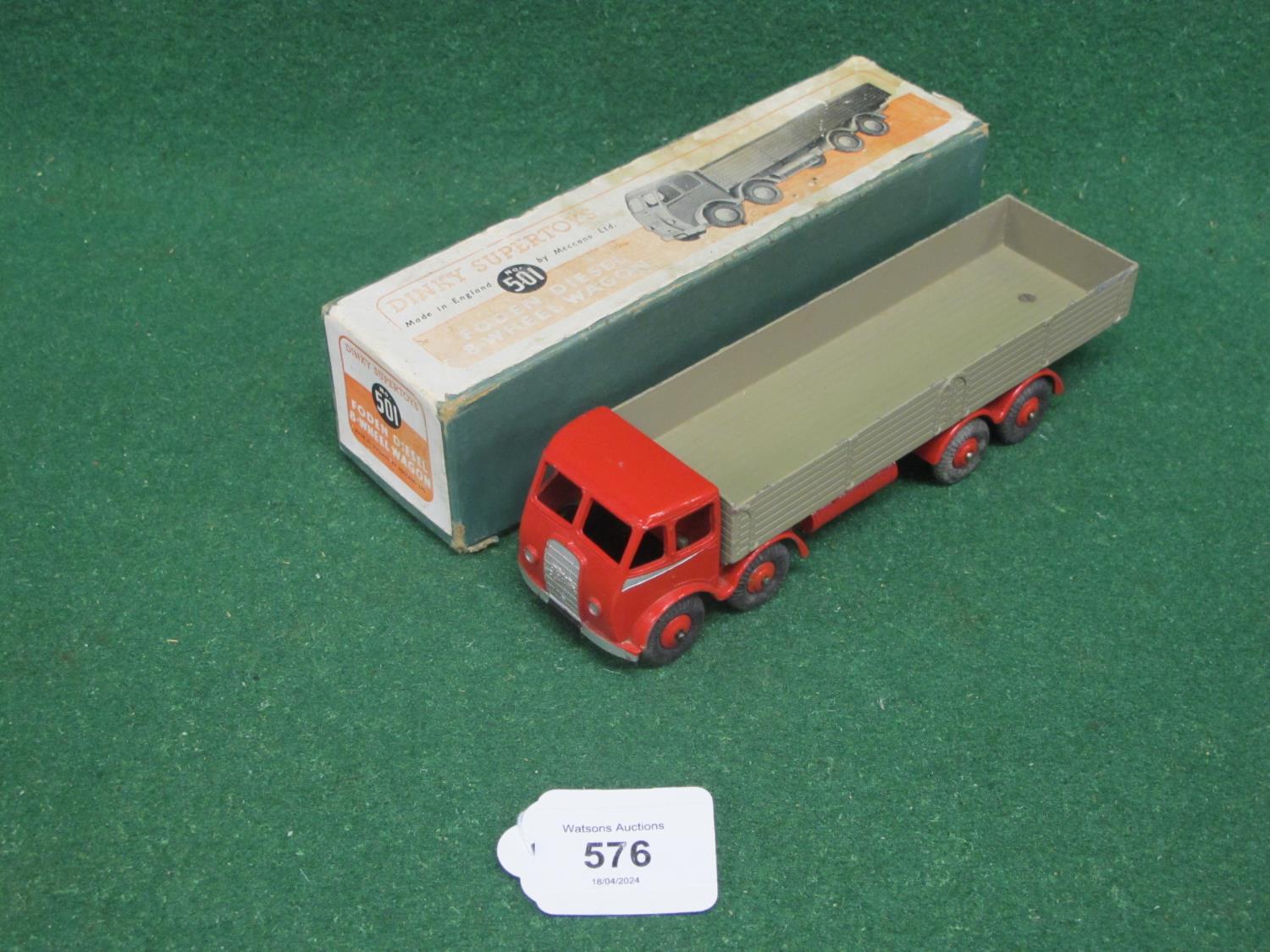 1947-1948 boxed Dinky 501 Foden eight wheel wagon with 1st Type Cab, spare wheel and hook, in red - Image 2 of 4