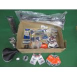 Box of new old stock bicycle items to include: rod brake blocks, cables, pumps, mud catcher, pedals,