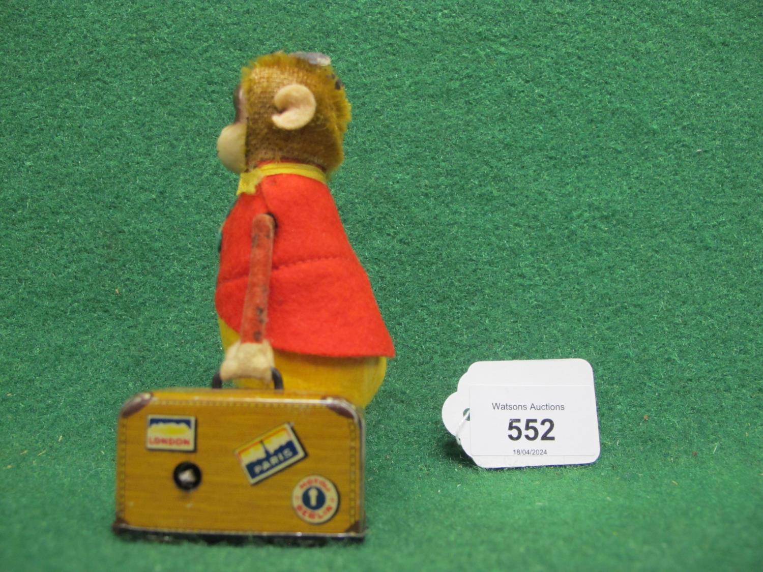 German Schuco clockwork tinplate velvet and mohair monkey with suitcase (in working order but hat - Image 2 of 3