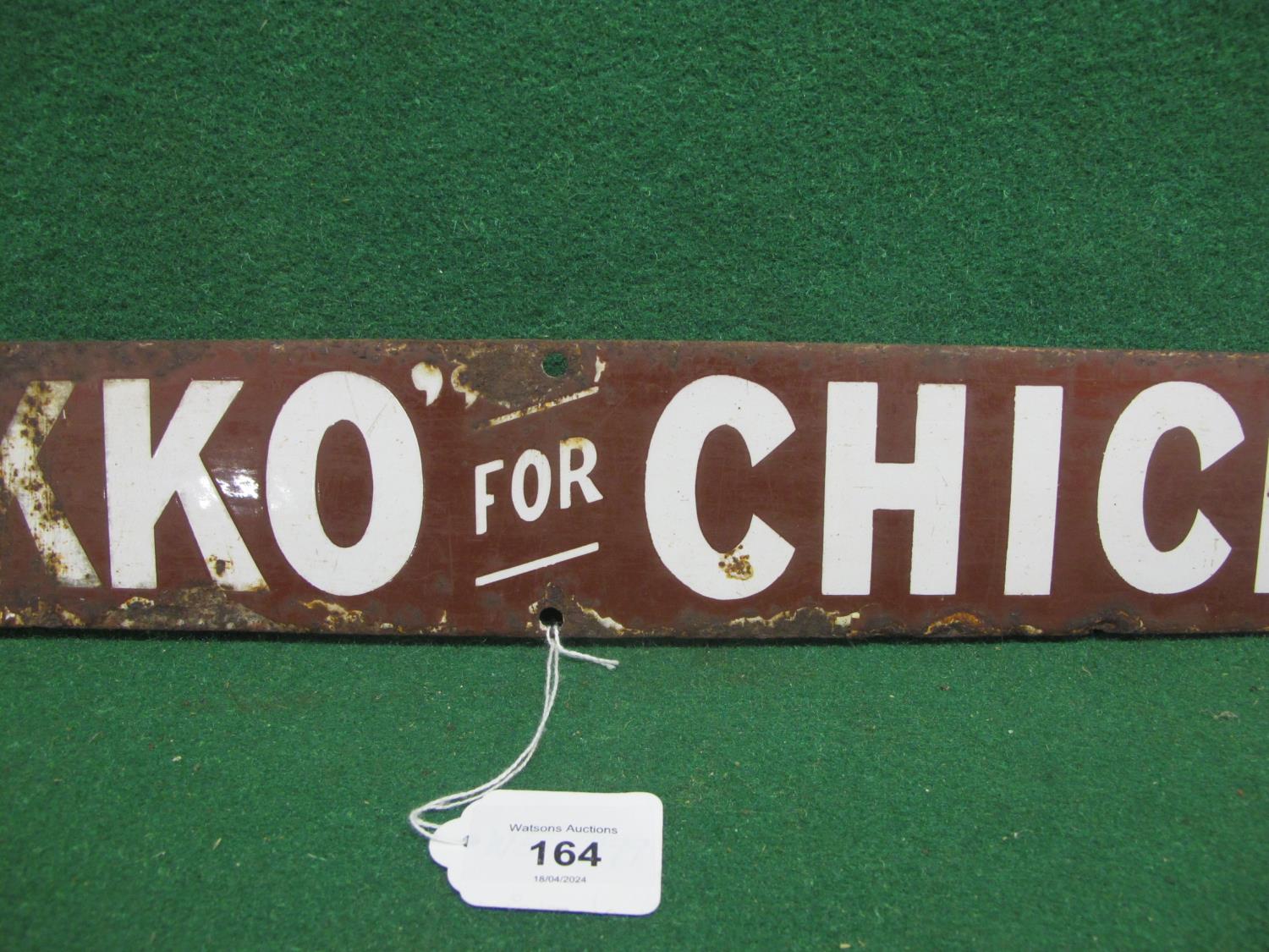 Enamel sign for Chikko For Chicks, white letters on a chocolate brown ground - 24" x 3" Please - Image 2 of 3