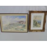 E Scott watercolour of a coastal scene with cliff top in foreground and buildings beyond, signed