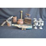 Collection of sundry items to include: two graduated coal scuttles, ship in a bottle, bamboo brush