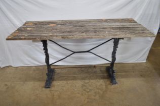 Painted iron base garden table with weathered slatted top - 143cm x 63.5cm x 74cm tall Please note