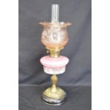 Victorian oil lamp having hand painted glass reservoir supported on brass column and having glass