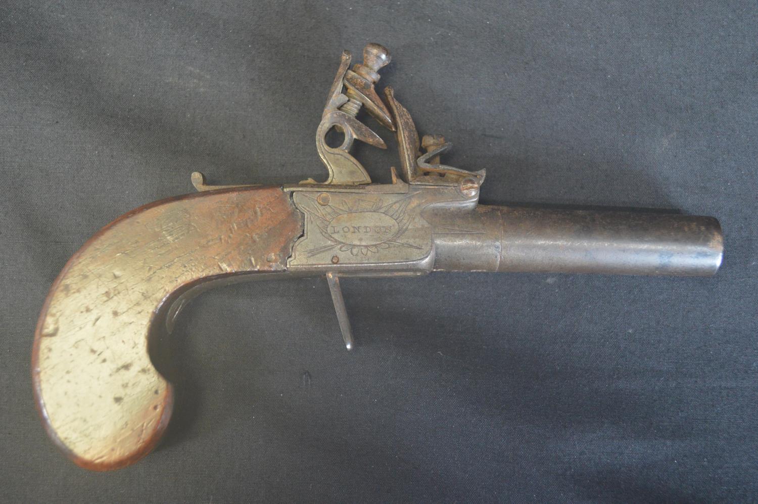 W Ketland & Co. flint box lock pistol - 17cm long Please note descriptions are not condition