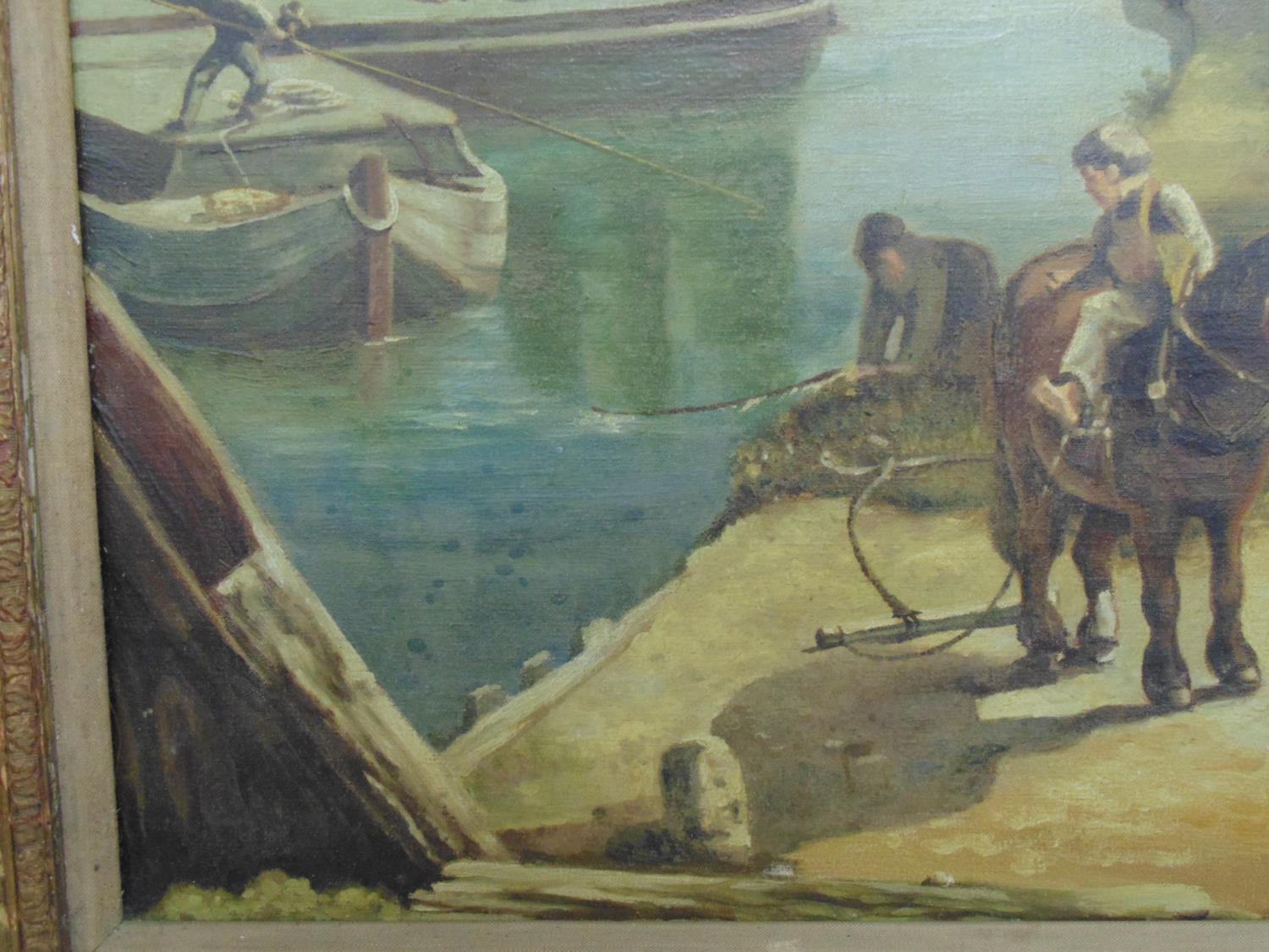 Unsigned oil on canvas of a canal side scene with figures on a towpath - 90cm x 69cm in unglazed - Image 3 of 6