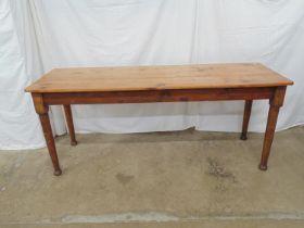 Pine top table having three plank top, standing on round oak tapering legs - 183cm x 60cm x 76cm