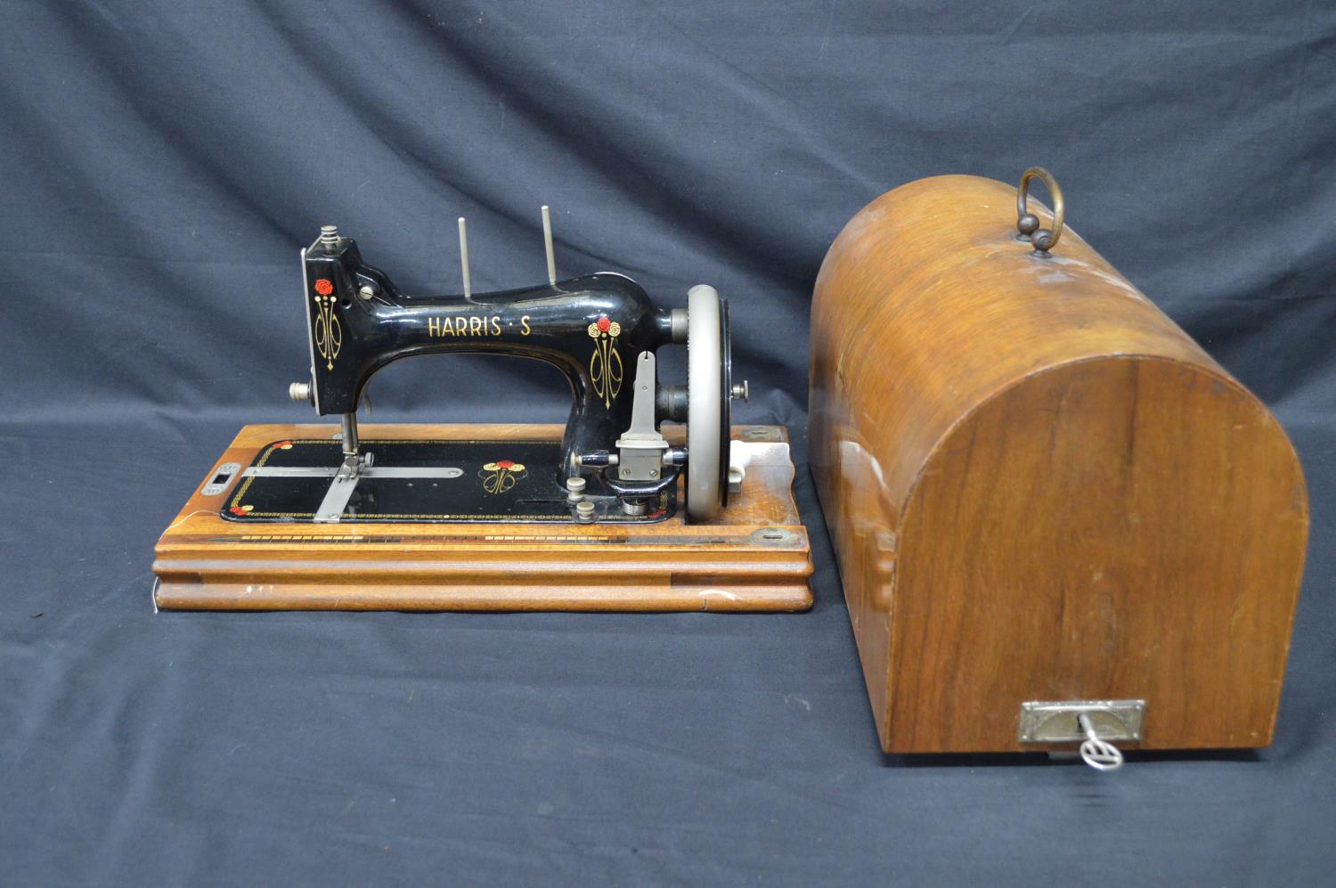 Harris S hand operated sewing machine Syst.705 housed in walnut case with top carrying handle - 40cm