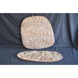 Two carved wooden late 20th century story board panels - 55.5cm x 57cm and 68.5cm x 25cm Please note