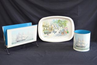 Vintage Worcester ware tin serving tray decorated with French street scene - 51cm x 36.5cm