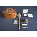 Group of sundry items to include: Royal Mint silver crown coin, brass vesta case, Hadson pocket