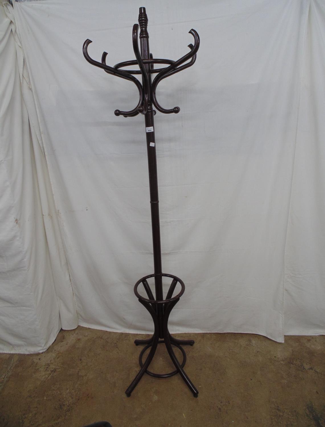 Modern painted bentwood hatstand having six S shaped coat hooks and lower umbrella section -