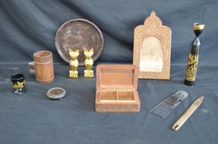 Group of small wooden items to include: bamboo half pint measure, carved cigarette box, photograph