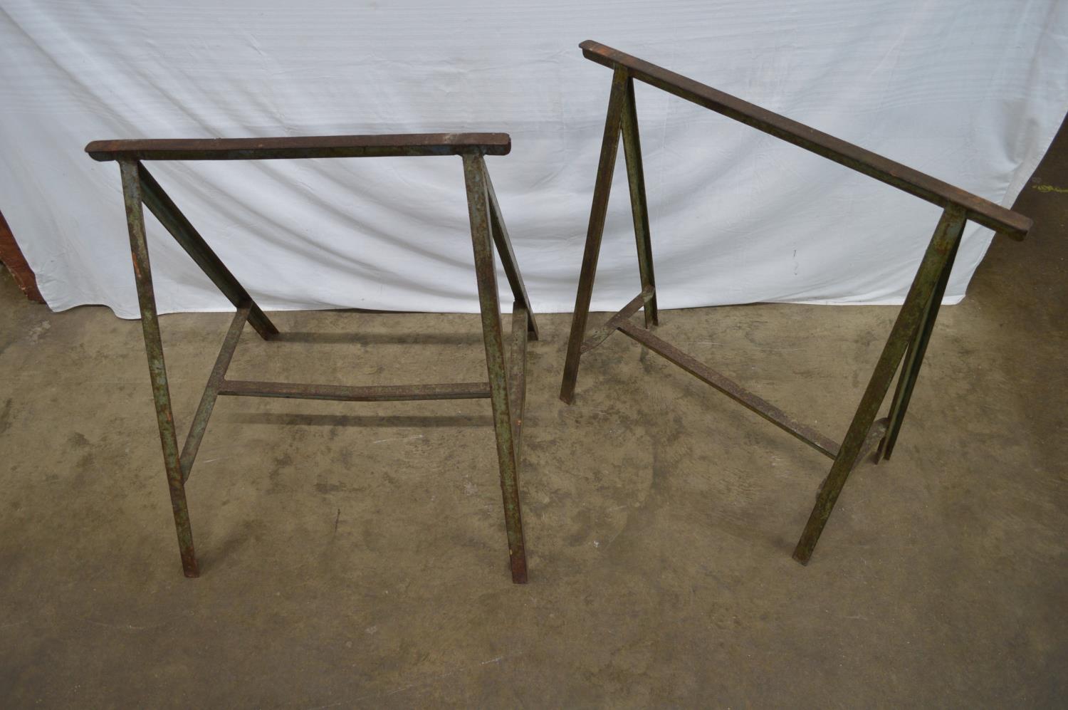 Two metal trestle stands - 70cm and 80cm wide x 77cm tall together with two small wooden saw - Image 2 of 3