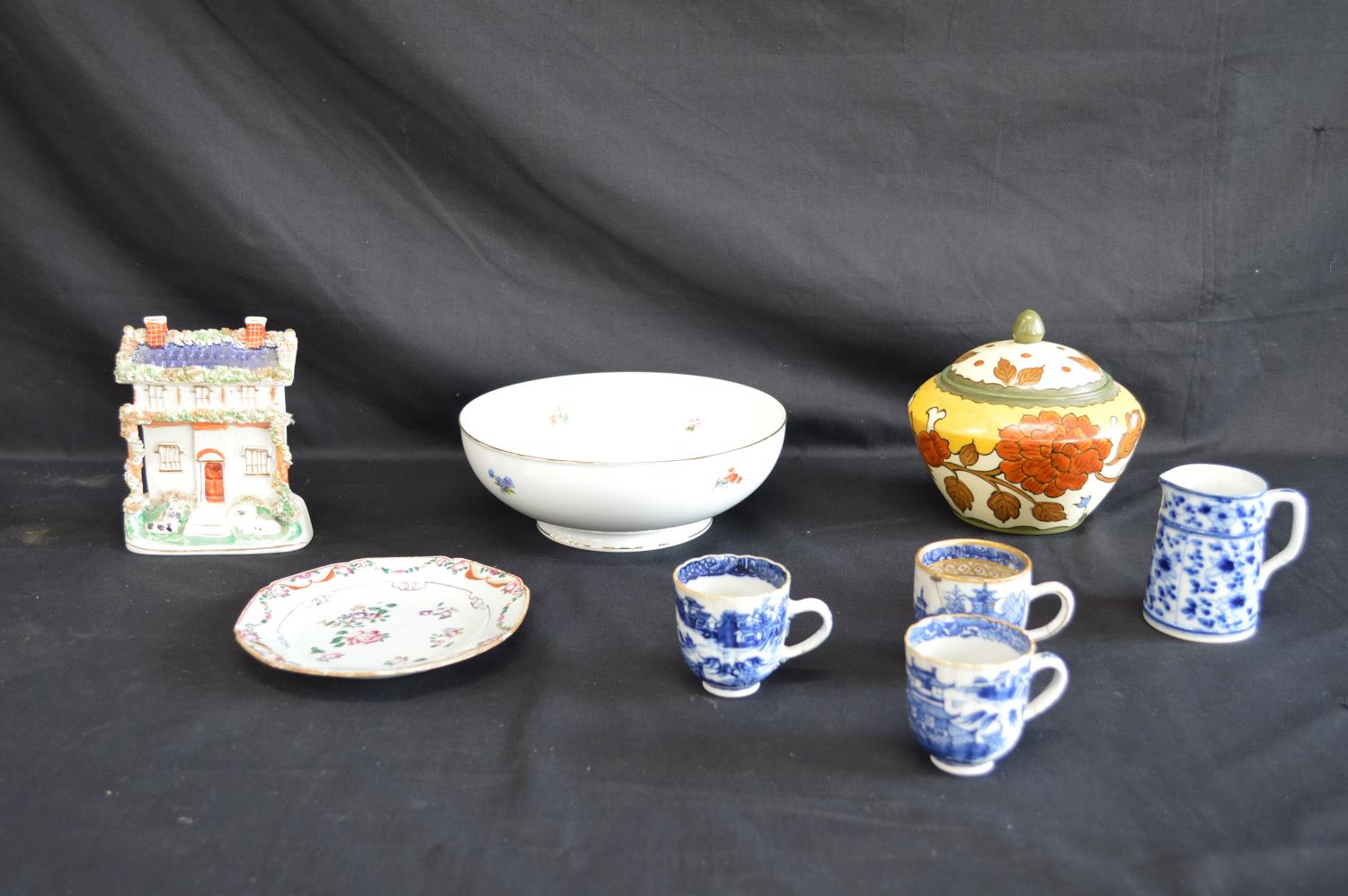 Group of ceramics to include: Furstenburg floral decorated bowl - 22cm dia, Staffordshire flat