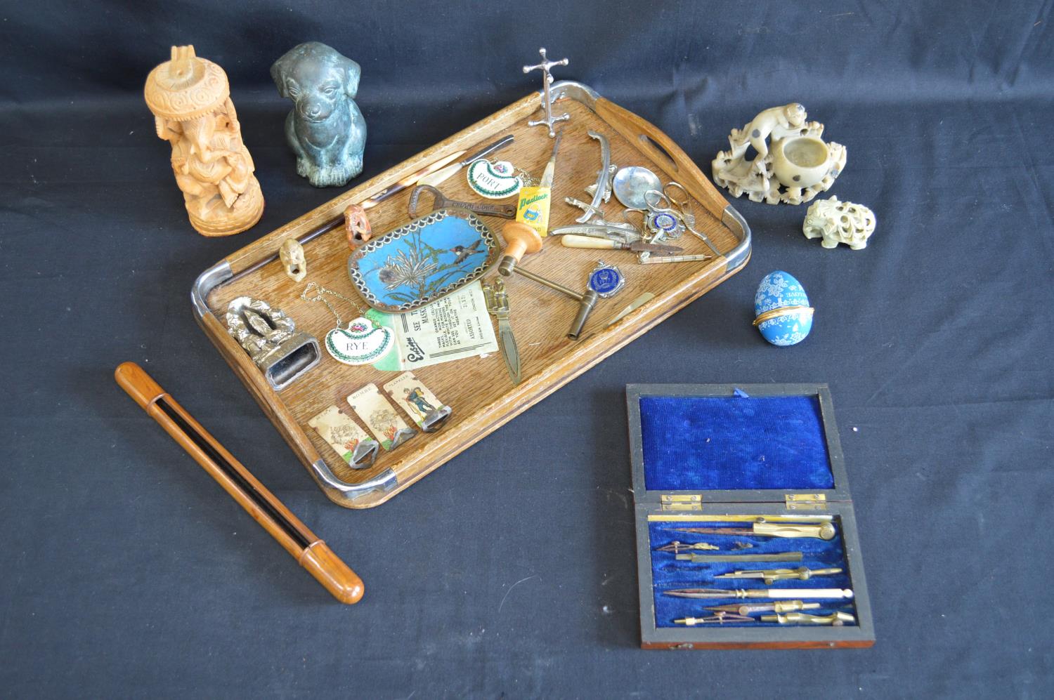 Group of sundry items to include: oak tray, bronze puppy, cloisonne dish and soap stone carvings etc - Image 2 of 2