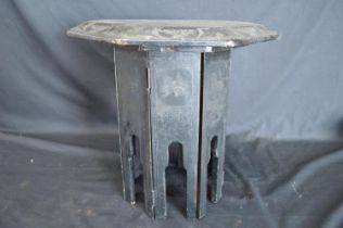 Lacquered octagonal occasional table having silvered decoration on a black ground - 33cm dia x