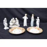 Group of three Continental figures together with a pair of Royal Crown Derby dishes and two Lladro