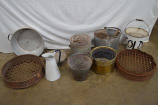 Quantity of galvanised items to include buckets together with enamel jug, bucket and brass