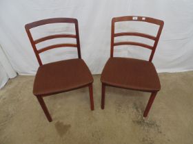 Pair of teak G Plan chairs with bar backs and brown upholstered seats - 48cm x 44cm x 79cm tall