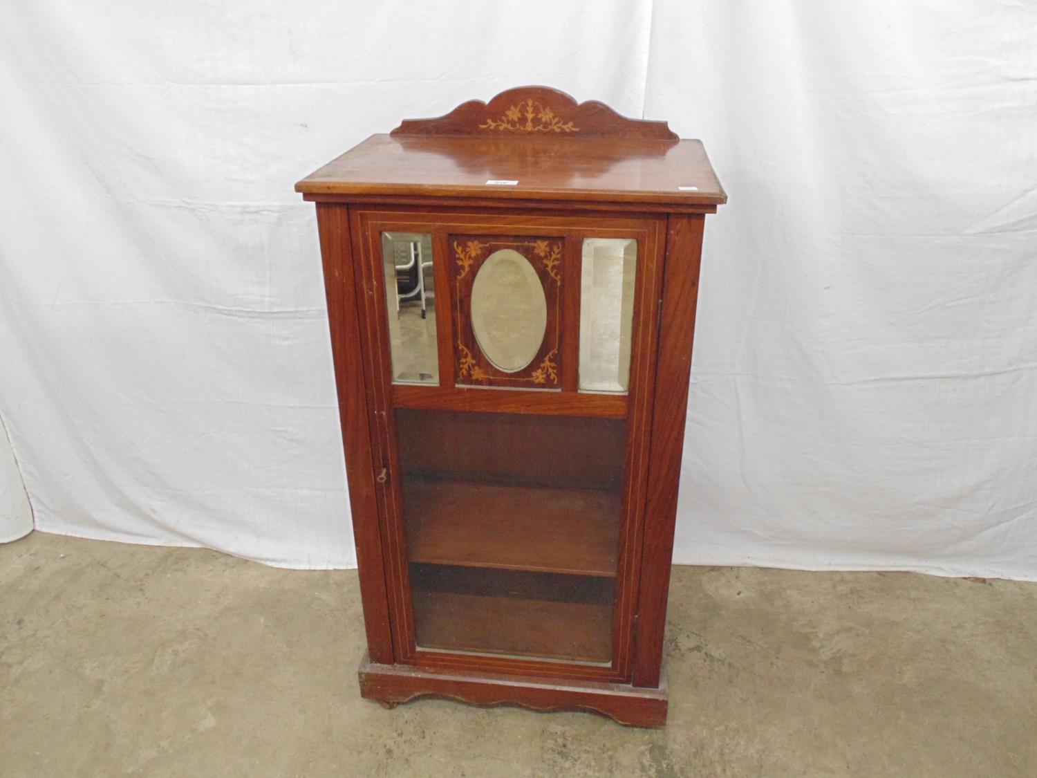 Inlaid rosewood glazed cabinet having a raised back over a mirrored and glazed door opening to two