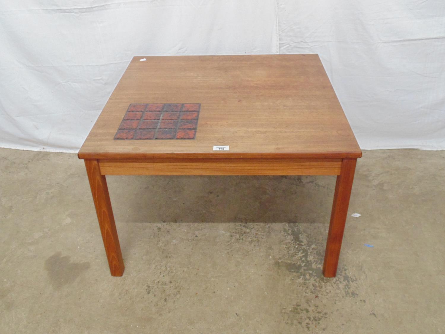 Mid century teak square coffee table having tile insert to one corner, standing on square legs -